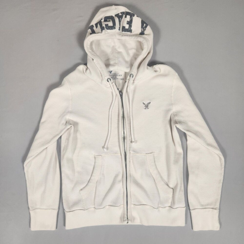 American Eagle Vintage Fit Waffle Knit Zip Hoodie Cream L Large